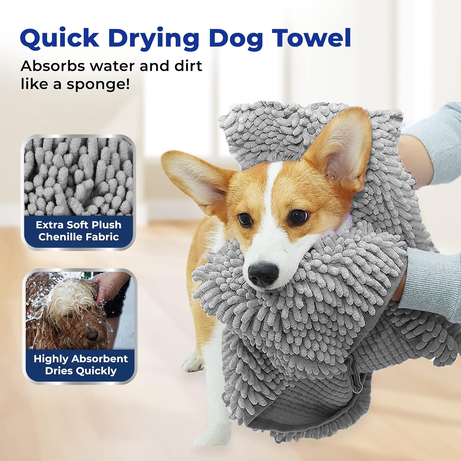 Doggy Dryer, Highly Absorbent Microfiber Washable Dog Shammy Quick Drying Towel Absorber - Extra Soft Plush Wrap Chenille Bath Towels to Dry Soggy Large Pets & Small Puppy-Grey 13"x31" - view 2