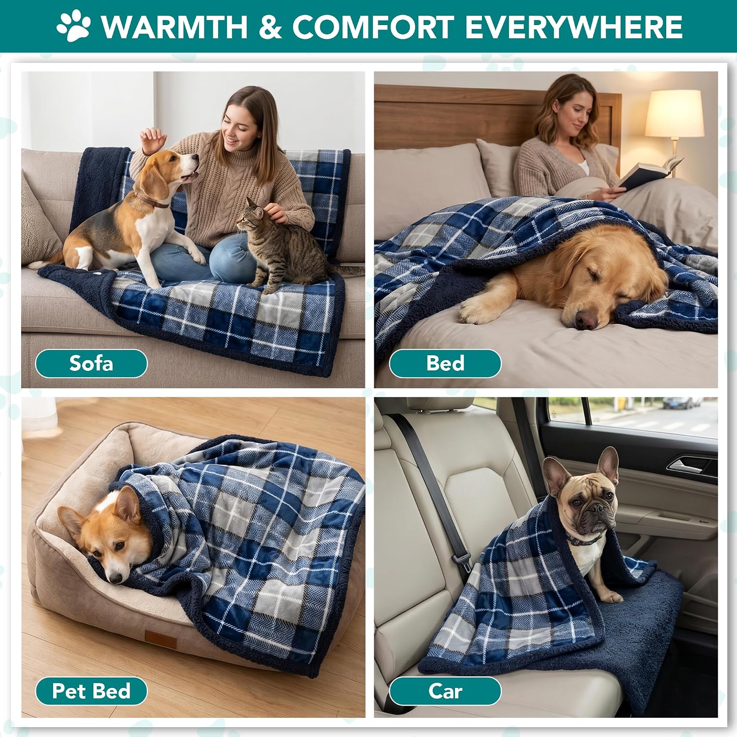 Dog Blanket for Small Medium Dogs and Cats, Soft Sherpa Fleece Pet Blanket Throw Puppies Kittens, Reversible Plush Couch Cover Protector Sofa Bed Crate, Machine Washable, 60x40, Plaid Navy Blue - view 5