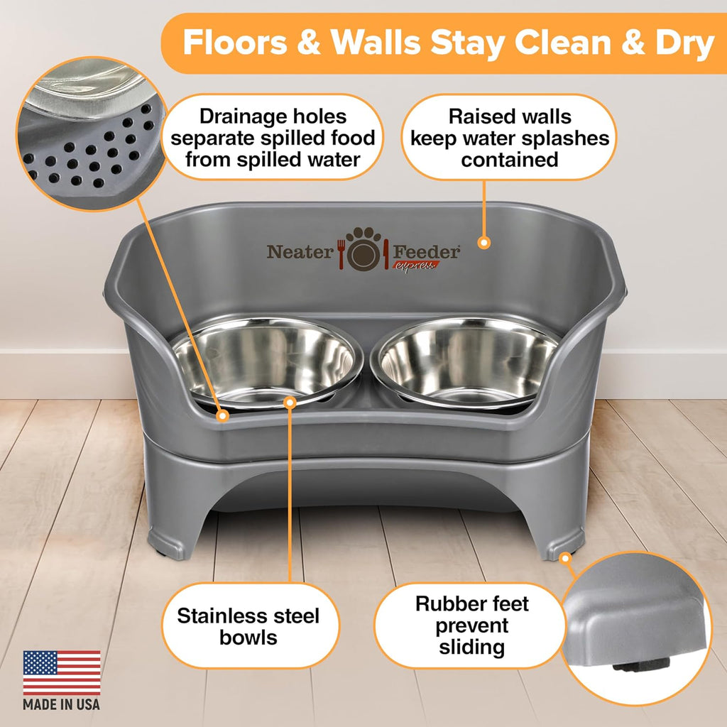 Express Mess Proof Dog Bowls Elevated for Medium to Large Sized Breed, No Spill Raised Dog Food Bowl Stand, Stainless Steel Food and Water Bowl Set, Pet Dish Feeding Station, Grey - view 4