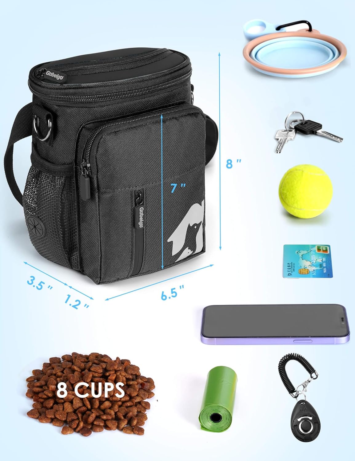 8 Cup Dog Treat Pouch with Training Clicker(Full Black) | 3 Ways to Wear/ Built-in Poop Bag Dispenser/ Zipper Front Pocket Phone Friendly Treat Bag for Pet Training & Walking - view 5