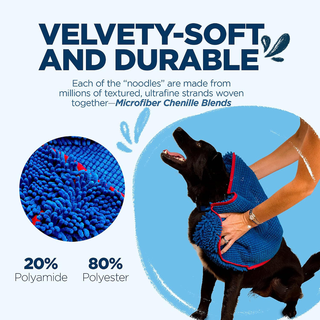Super shammy dog towel - microfiber chenille towel for drying dogs and cleaning paws - fast drying with hand pockets for ease (blue/red trim, 31" x 14") | hand-pocket design; noodle-texture chenille; gentle on paws & skin; for bath time, beach - view 4