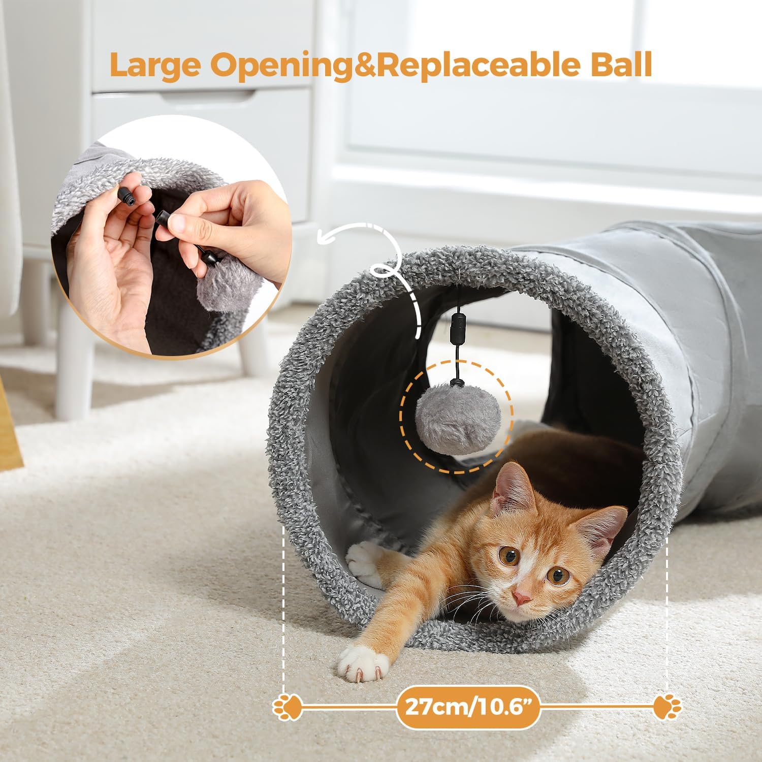 Cat Tunnel S Shape Cat Tunnels for Large & Indoor Cats 51”Long | Durable, Spacious 10.5" Cat Tube with Peepholes & Dangling Ball Toy, Connected to Play Tunnels, Collapsible for easy storage - view 4