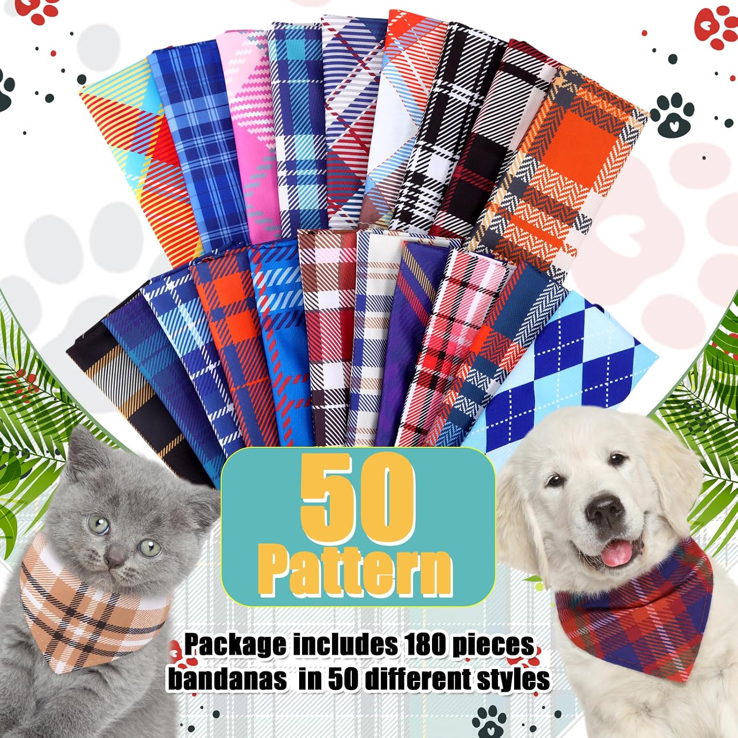 180 Pcs Plaid Dog Bandanas Bulk, Plaid Colorful Triangle Dog Scarf Bibs Adjustable Pet Kerchiefs for Medium Large Dogs Cats, Spring Summer Grooming Costume Party Accessories Decor - view 3