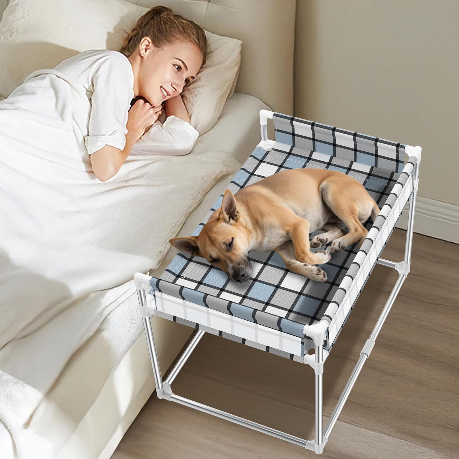 Bedside Cosleeper Dog Bed with Guardrail, 3-Fence Height Elevated Bed Dog | Extension Attached to Human Bed for Medium Dog Cat, Stainless Steel Window Perch Lounge Elevated Sleeper Hammock Furniture - view 8