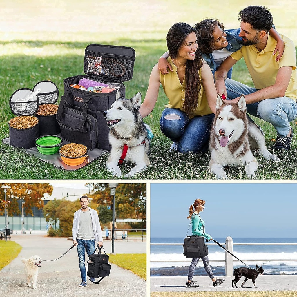 Dog Travel Bag with 2 Collapsible Dog Bowls, 1 Dog Backpack, Airline Approved Pet Travel BagOrganizer for Supplies & Accessories, 2 Travel Dog Food Container, Black | Dog travel accessories set with feeding supplies, bowls, mat, and strap. Ideal for weeke - view 6
