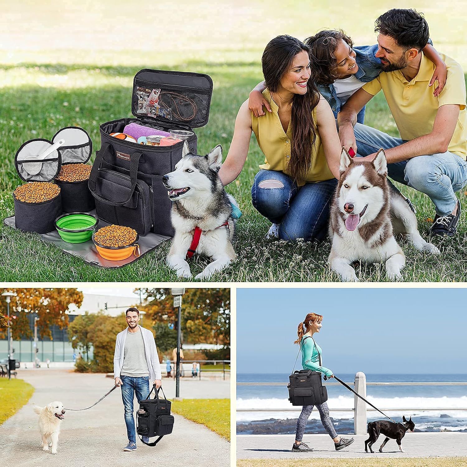 Dog Travel Bag with 2 Collapsible Dog Bowls, 1 Dog Backpack, Airline Approved Pet Travel BagOrganizer for Supplies & Accessories, 2 Travel Dog Food Container, Black | Dog travel accessories set with feeding supplies, bowls, mat, and strap. Ideal for weeke - view 6