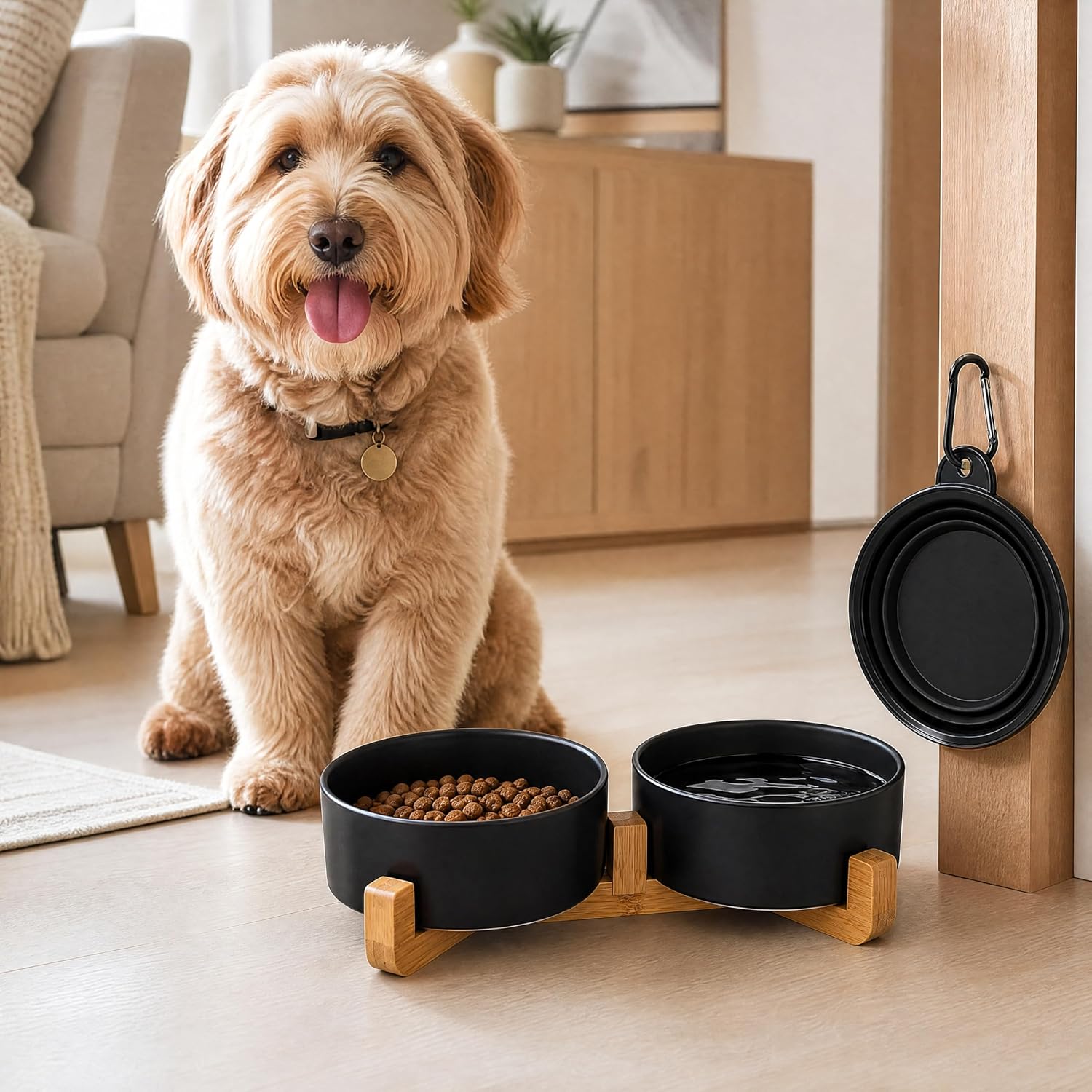 Ceramic Dog Cat Bowls Set with Stand,Black Pet Food and Water Bowl,Small Dog Bowls Cute Modern Anti Slip Set of 2 Pet Feeder Small Size Pet Dish(13.5OZ/5.1 in) - view 5