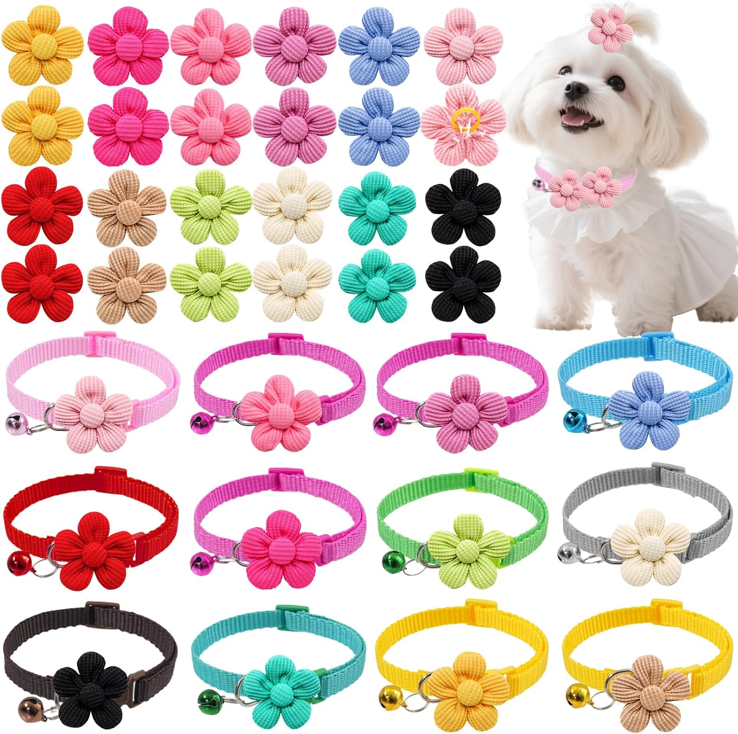 36pcs floral pet collar & hair bows, grooming accessories for puppies & cats | 36pcs floral pet set; 24 hair bows & 12 adjustable bell collars, multi-color for kittens & tiny pets all occasions