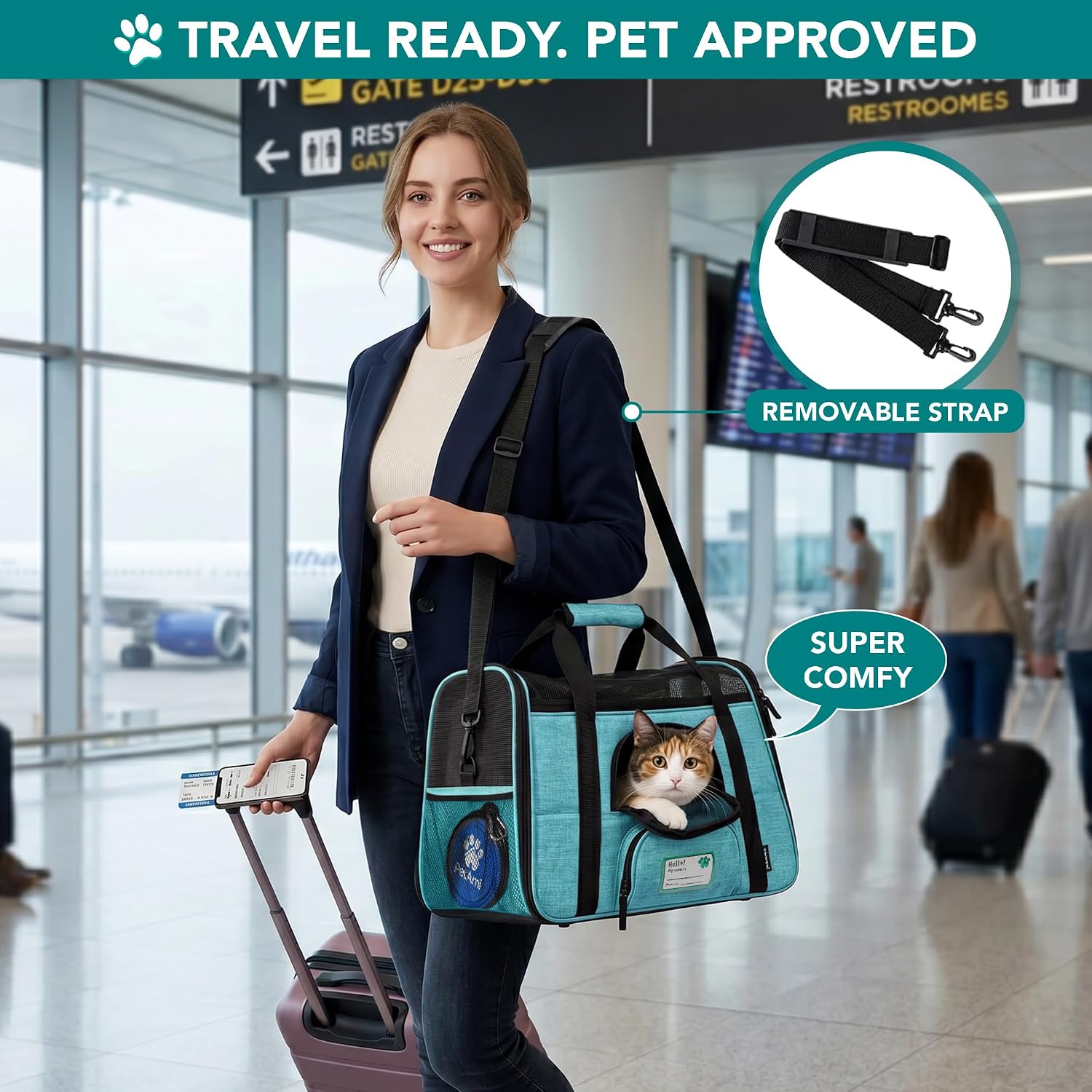 Airline Approved Pet Carrier for Cats & Small Dogs, Soft Sided TSA Travel Carrier Bag Sherpa Bed, Breathable Mesh Ventilation, Collapsible Bowl, Fit Under Seat, Up to 18 lbs, Large Heather Blue - view 5