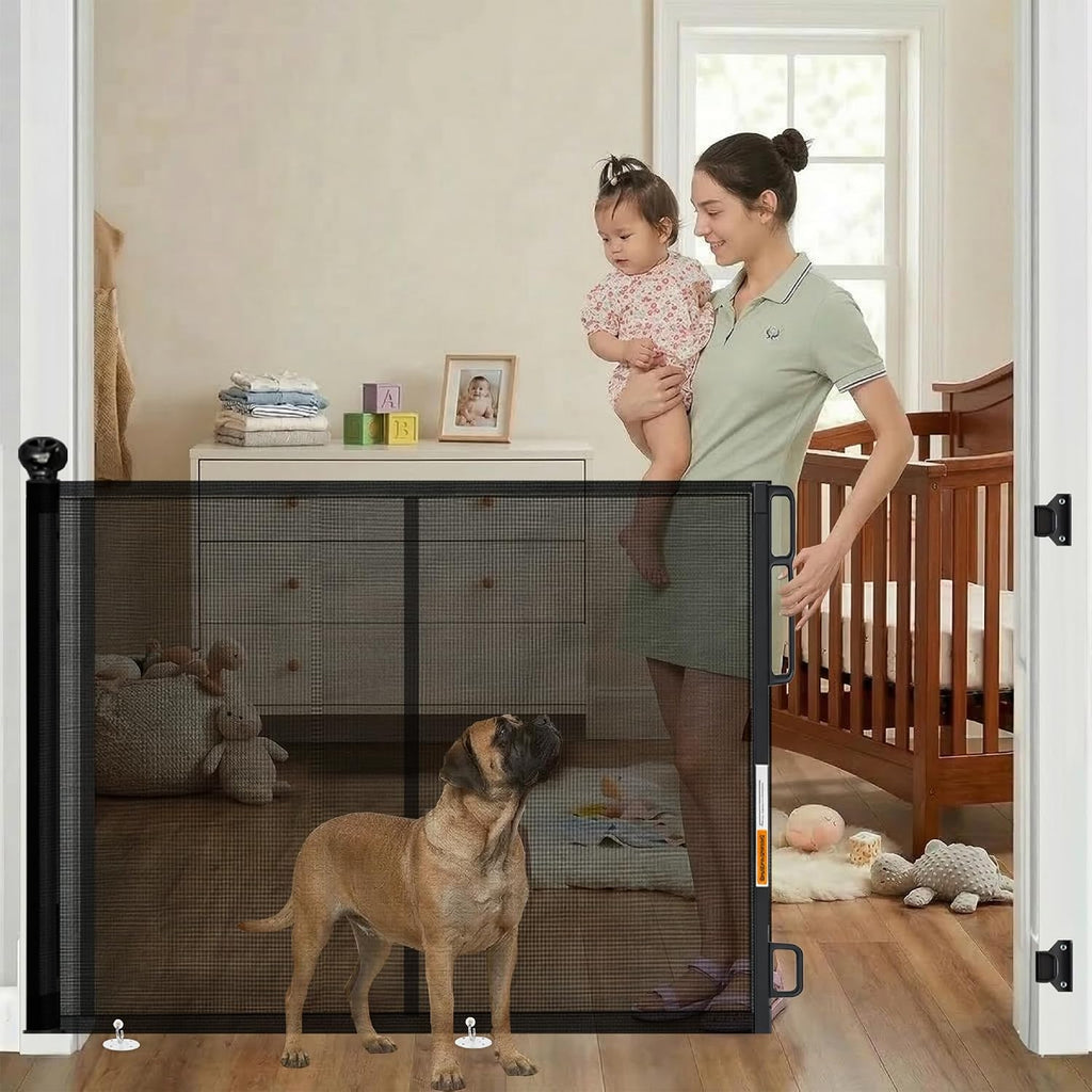 Retractable Baby Gate - 118" Extra Wide Mesh Dog Gate with Support Rods - 34" Tall for Stairs, Doorways, Hallways - Drill or No-Drill - Pet & Cat Gate - Outdoor/Indoor (Black, 9.84 ft)