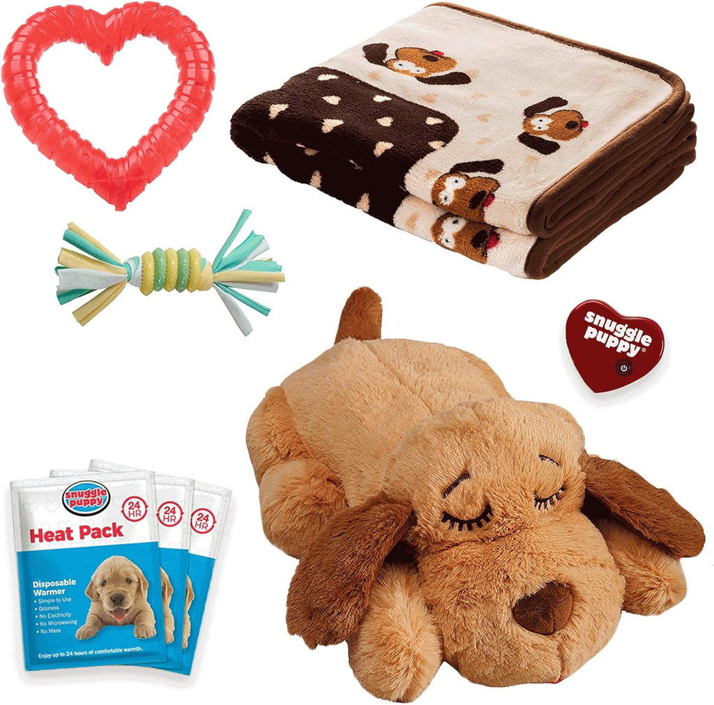 Essentials starter kit, heartbeat toy & blanket, biscuit, calming comfort toy, puppy blanket, teething toy, 3 heat packs, new puppy essentials for first nights and crate training