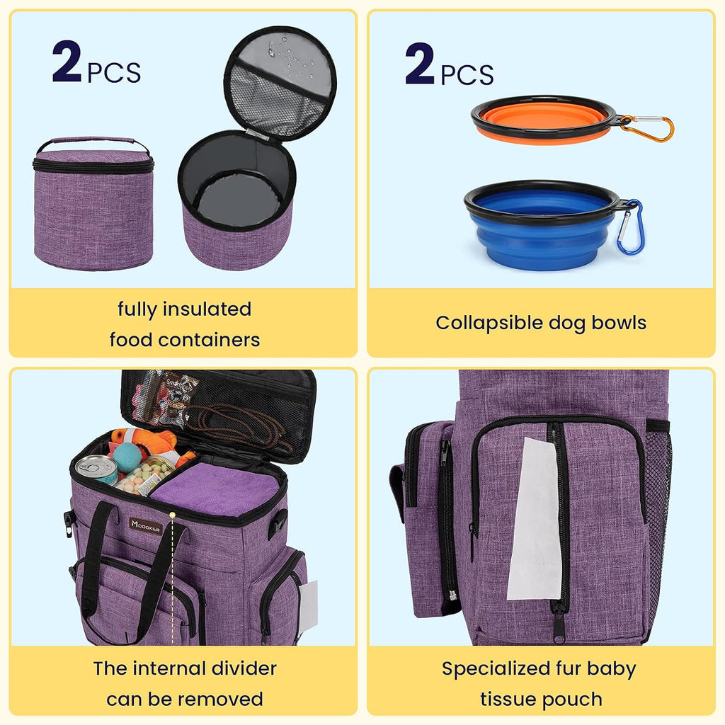 Dog Travel Organizer Carriers for Supplies & Accessories, Airline Approved Cat Pet Travel Bag, 2 Collapsible Bowls, 2 Travel Dog Food Container, Purple | Dog travel accessories set with feeding supplies, bowls, mat, and strap. Ideal for weekend trips. - view 3