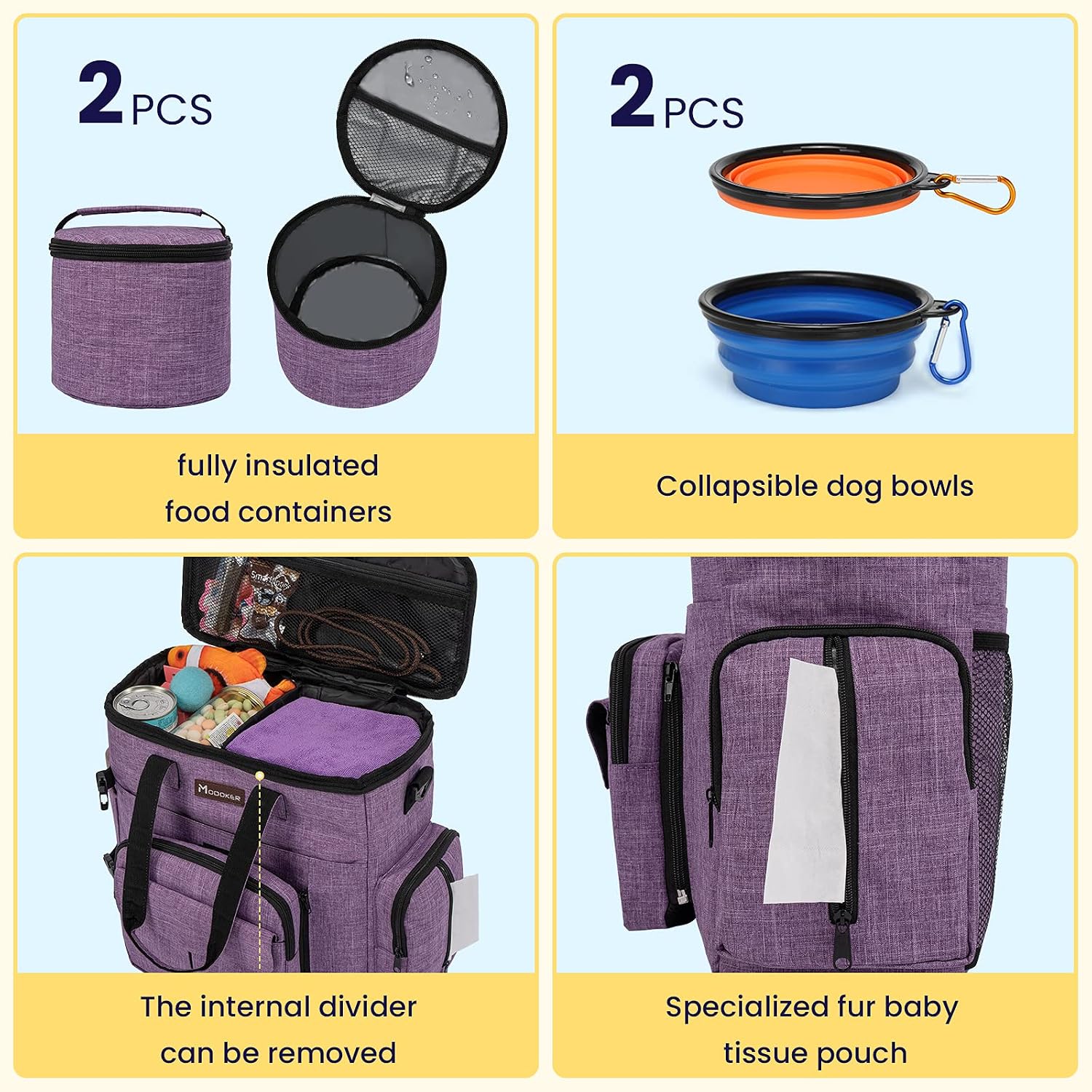 Dog Travel Organizer Carriers for Supplies & Accessories, Airline Approved Cat Pet Travel Bag, 2 Collapsible Bowls, 2 Travel Dog Food Container, Purple | Dog travel accessories set with feeding supplies, bowls, mat, and strap. Ideal for weekend trips. - view 3