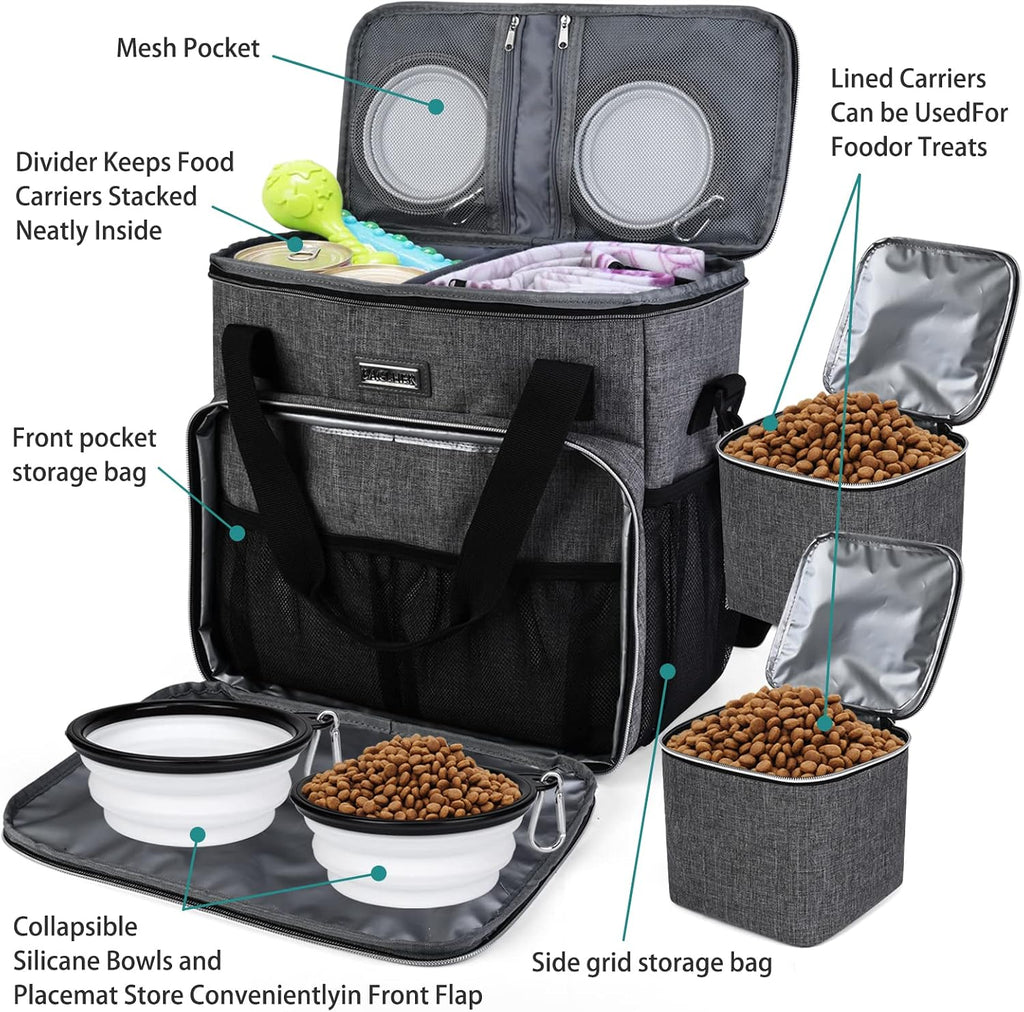 Dog Travel Bag, Pet Travel Bag (ALL Pet Travel Supplies), With 2 Pet Food Containers and 2 Collapsible Silicone Bowls; Essential Kits for Pet Travel Grey - view 5
