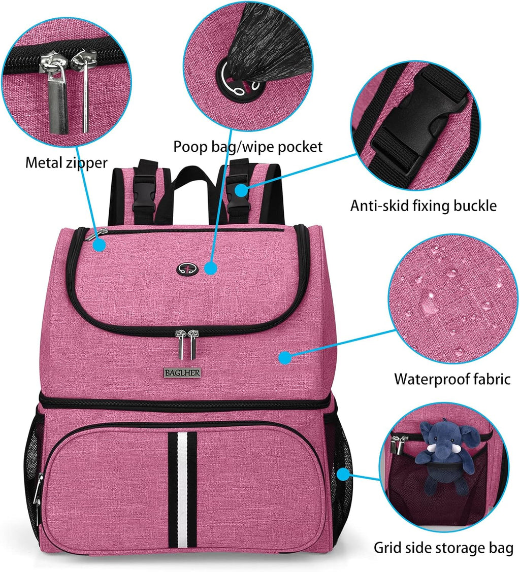 Pet Travel Bag, Double-Layer Pet Supplies Backpack (for All Pet Travel Supplies), Pet Travel Backpack with 2 Silicone Collapsible Bowls and 2 Food Baskets Pink - view 4