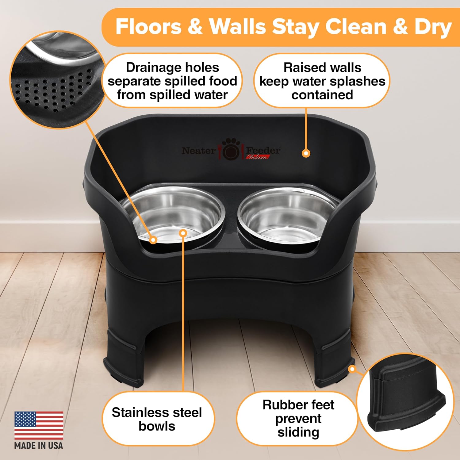 Mess-proof elevated dog bowls for large dogs (40+ lbs), 2 height adjustable (14.5" & 17.5") no-spill raised dog bowl stand, stainless steel food bowl set, made in USA, black - view 5