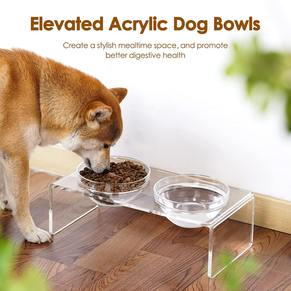Acrylic elevated dog cat bowls pet feeder double bowl raised stand comes with 2 removable glass bowls and 2 stainless steel bowls. Perfect for medium dogs, 5.5" tall - view 7