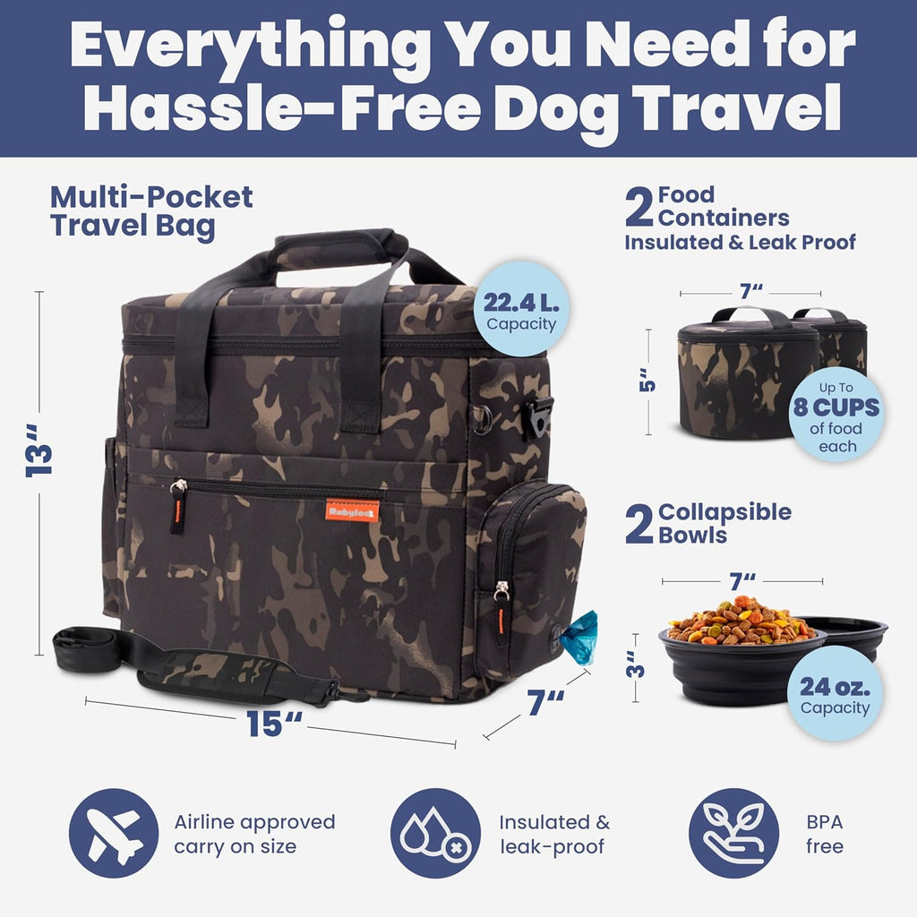 Dog travel bag for supplies with travel bowls | 2 BPA-free collapsible bowls, 2 pet food containers, TSA-ready, road trips, camping, weekend getaways, doggy gift, camo - view 3