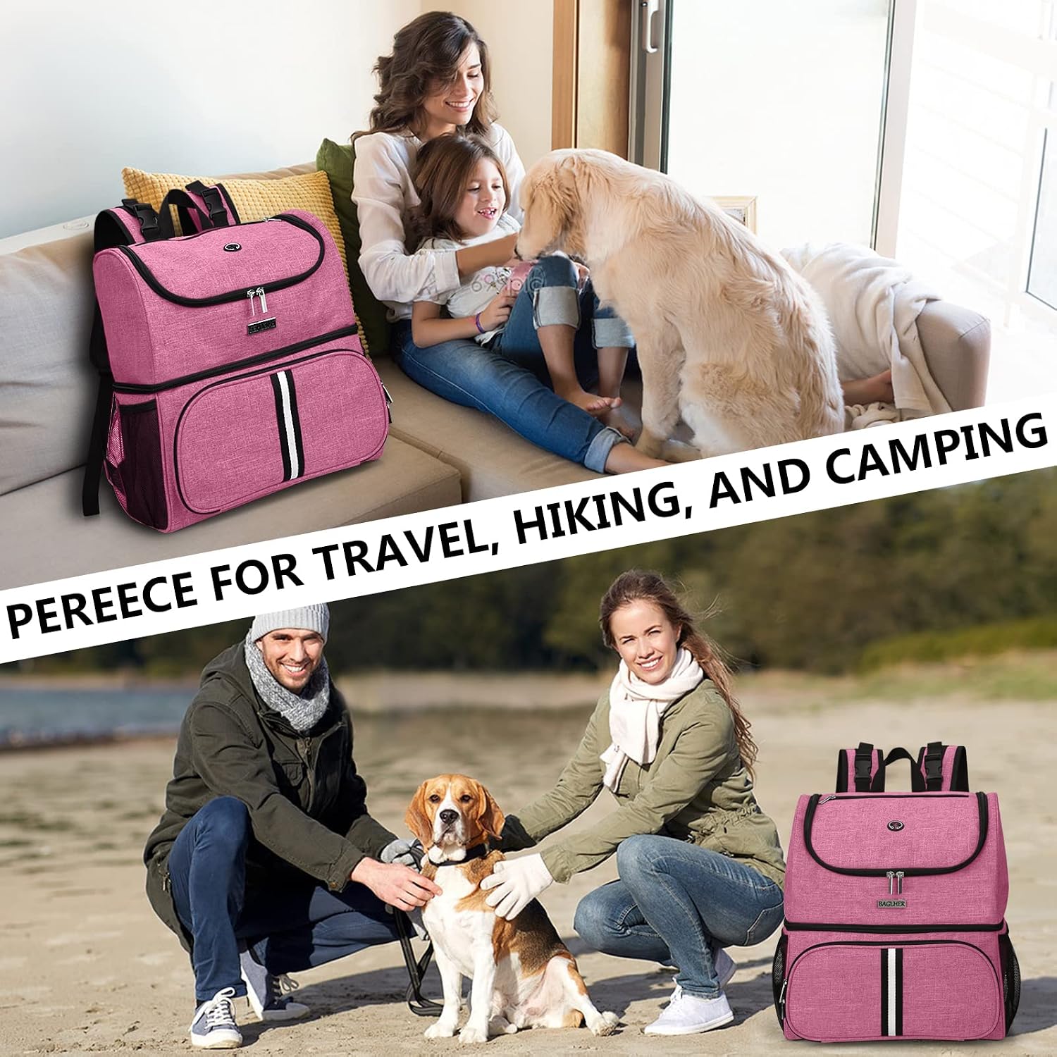 Pet Travel Bag, Double-Layer Pet Supplies Backpack (for All Pet Travel Supplies), Pet Travel Backpack with 2 Silicone Collapsible Bowls and 2 Food Baskets Pink - view 7