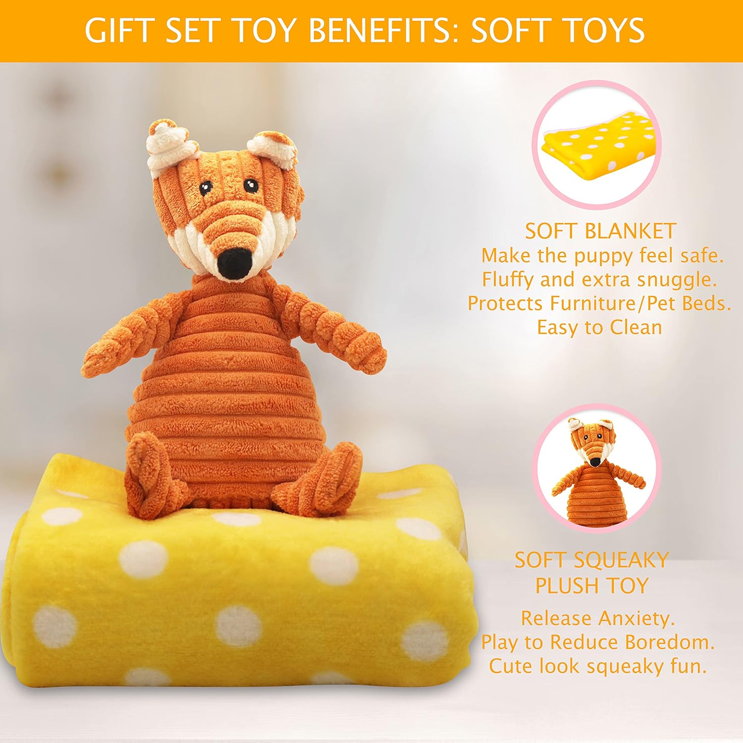 Puppy starter kit – 5pc dog toy gift set for small dogs – new puppy essentials gift box with blanket, squeaky plush, teething ring, treat ball & chew ball (yellow) - view 5