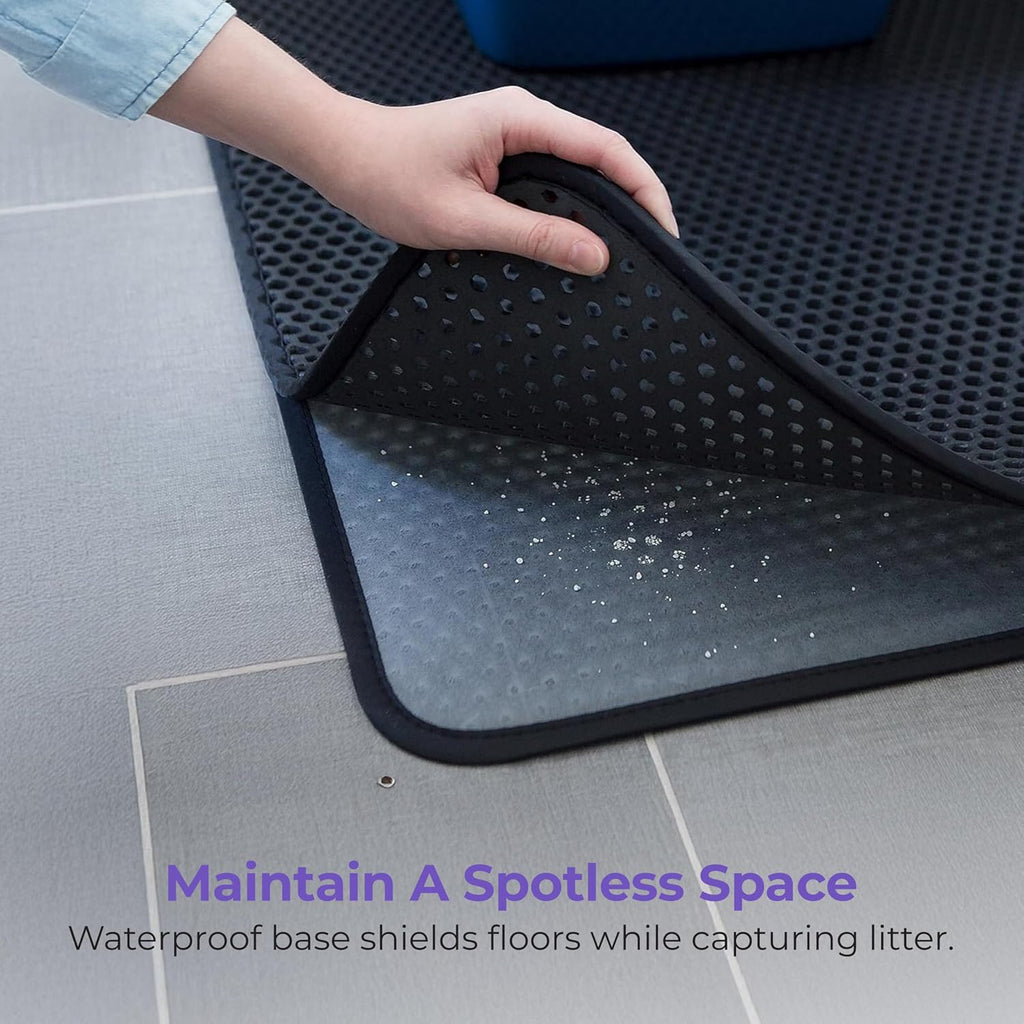 Large Cat Litter Trapper Mat with Exclusive Urine/Waterproof Layer - Cat Litter Mat - Larger Holes with Urine Puppy Pad Option for Messy Cats - Soft on Paws and Light - 30" x 23" (Black Color) | Double layer honeycomb traps scattered litter while the wate - view 5