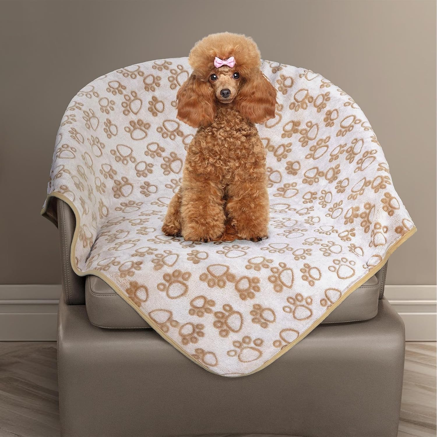 Small Beige Premium Soft Dog Blanket, with Flannel Beige Cute Paw Print, 24 * 32 inches, Cat Blanket Puppy Supplies Poodle‌ Dog Products Stuff Essentials