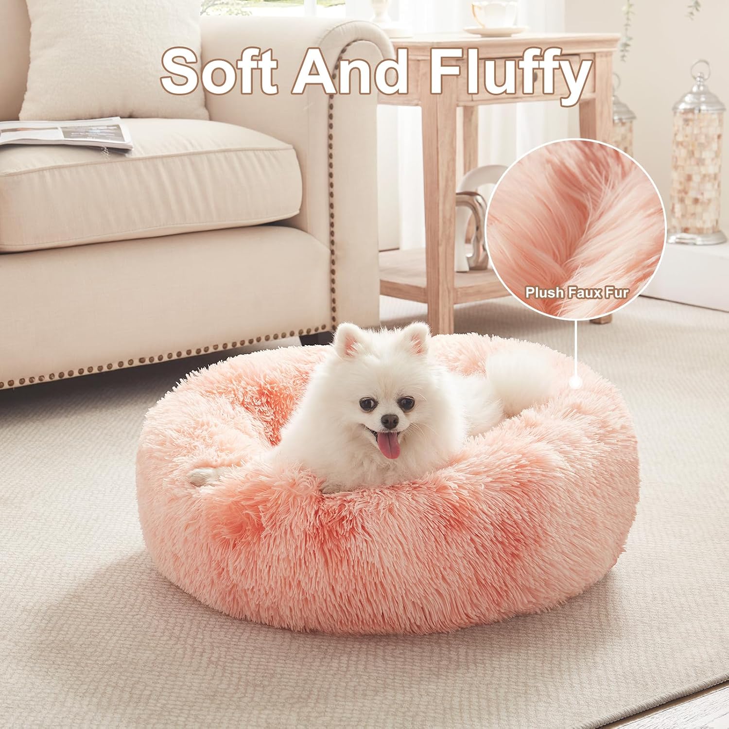 23 in faux fur fluffy donut dog bed for small dogs, tie-dye pink | calming plush round puppy pet bed with removable & washable cover, fits up to 25 lbs pets - view 4