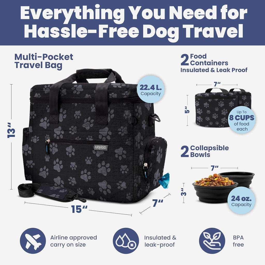 Dog travel bag for supplies with travel bowls | 2 BPA-free collapsible bowls, 2 pet food containers, TSA-ready, road trips, camping, weekend getaways, paw print - view 3