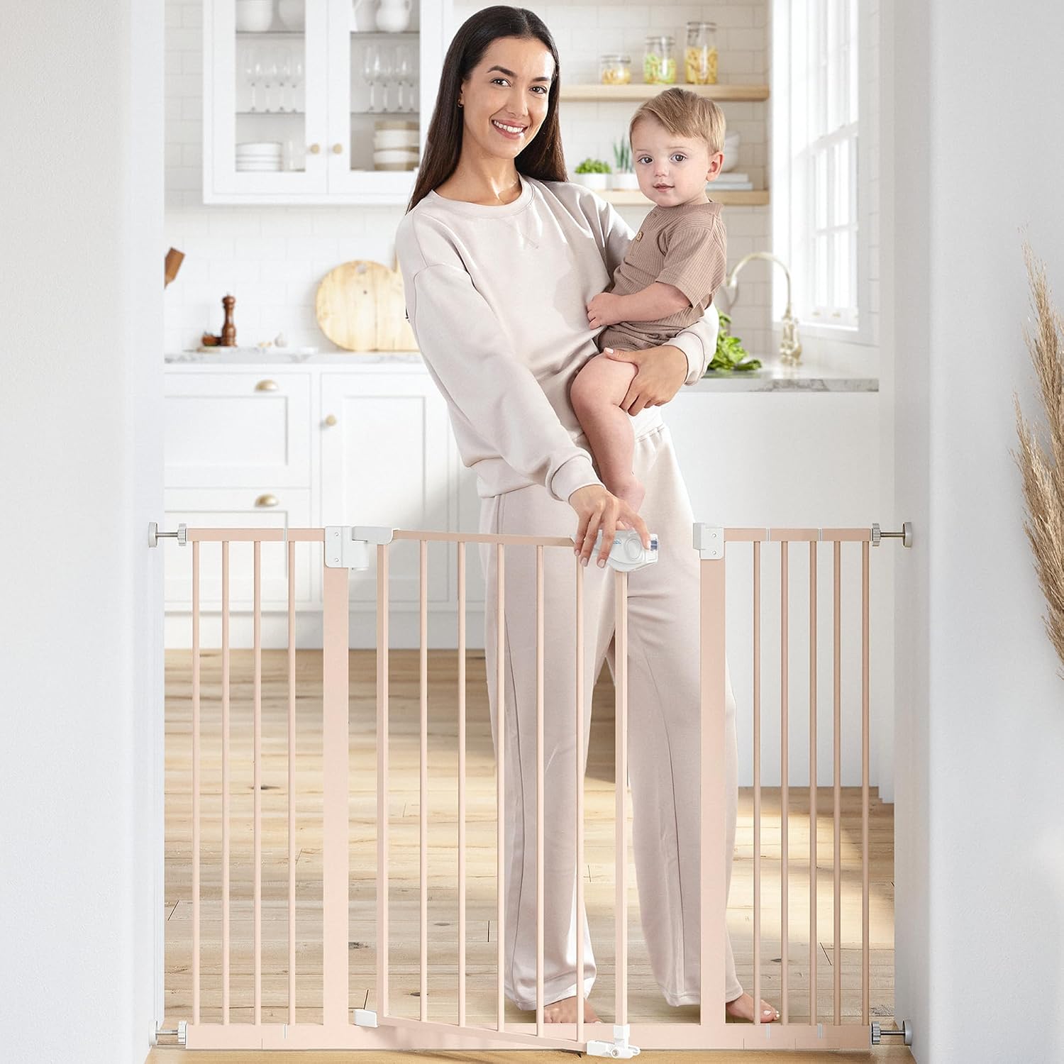 Baby Safety Gate with 3 Extensions - Adjustable 42" x 1.9" x 30" Q195 Steel Doorway Barrier - Powder-Coated Finish for Stairs and Doorways - Walk-Through Design Pet Gate - White - view 7
