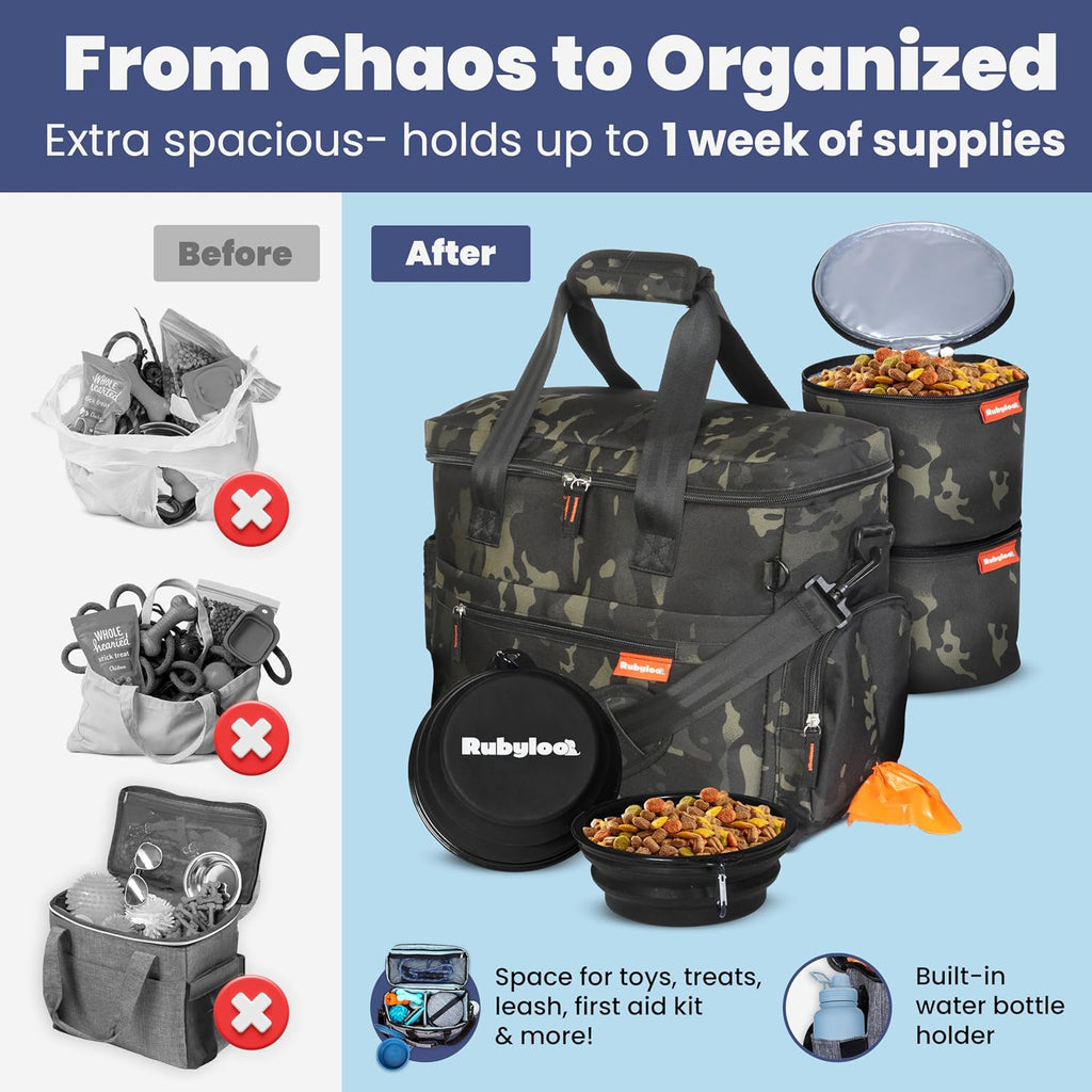 Dog travel bag for supplies with travel bowls | 2 BPA-free collapsible bowls, 2 pet food containers, TSA-ready, road trips, camping, weekend getaways, doggy gift, camo - view 5