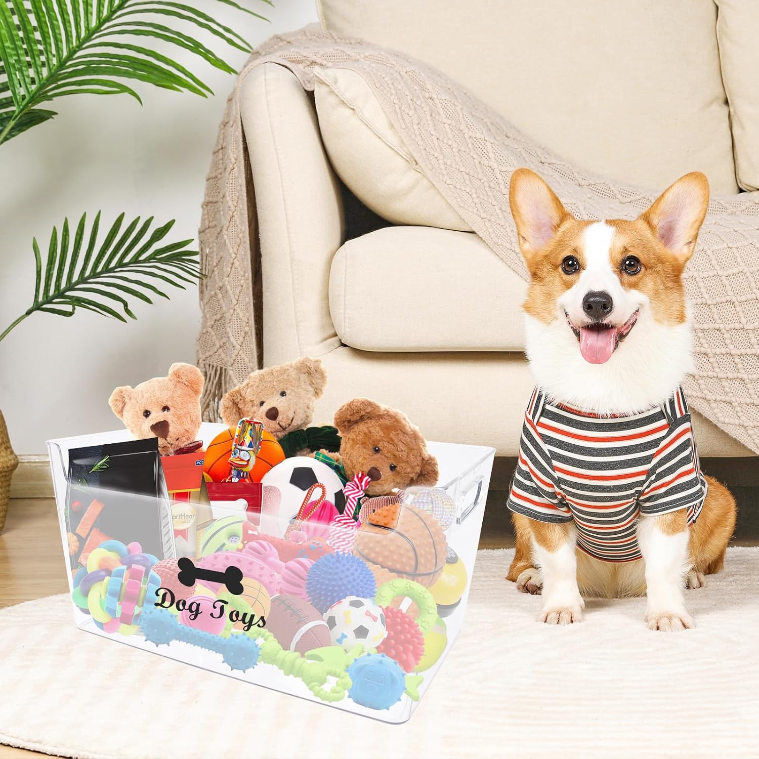 Dog Toy Basket with Handle - Clear Plastic Waterproof Dog Storage Organizer for Toys, Blankets, Leashes, Treats & Grooming Supplies - 1Pack - view 7