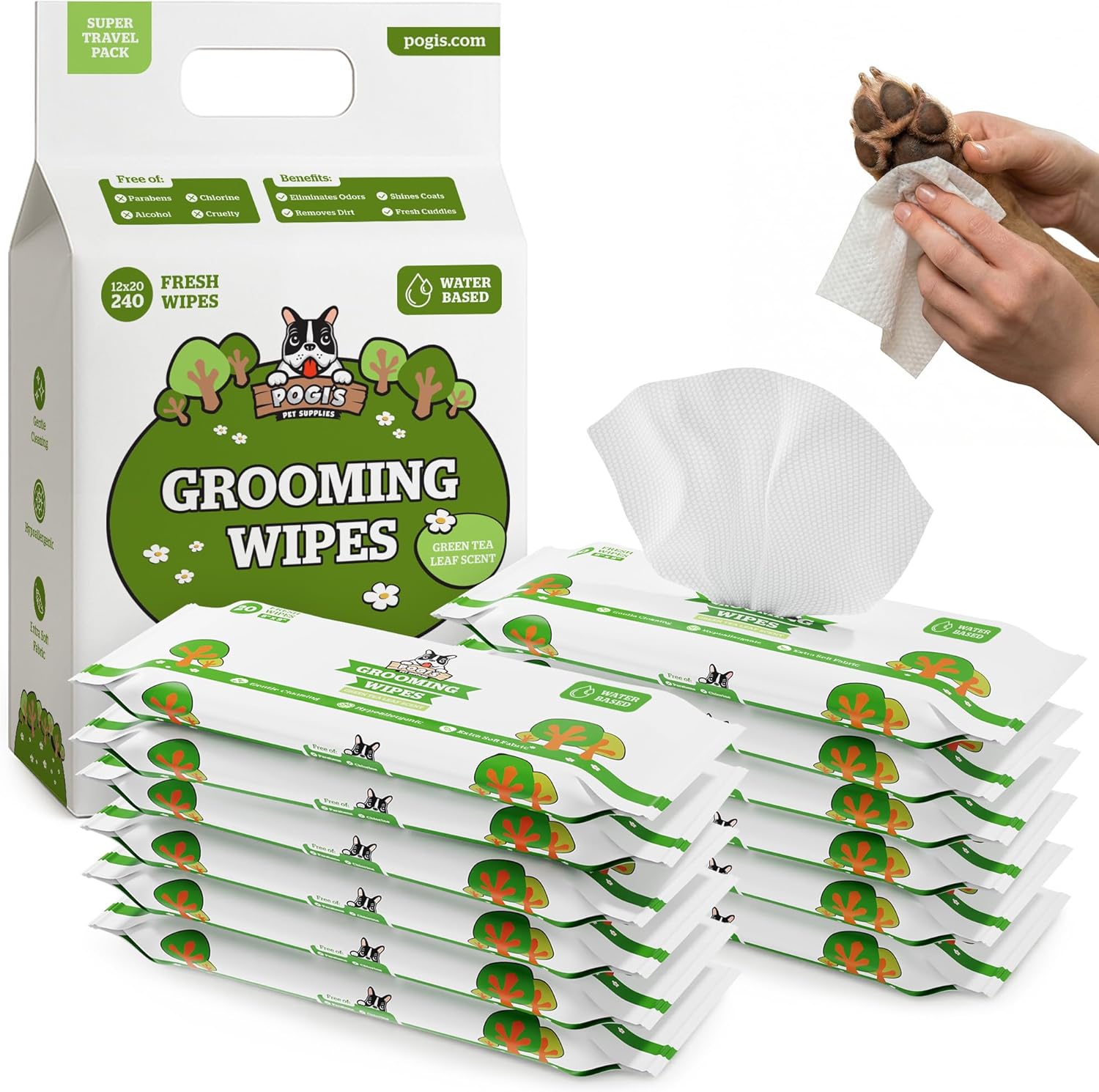 Dog wipes – hypoallergenic pet wipes for paws, body & butt – cleaning & hydrating, green tea scent, 240 count