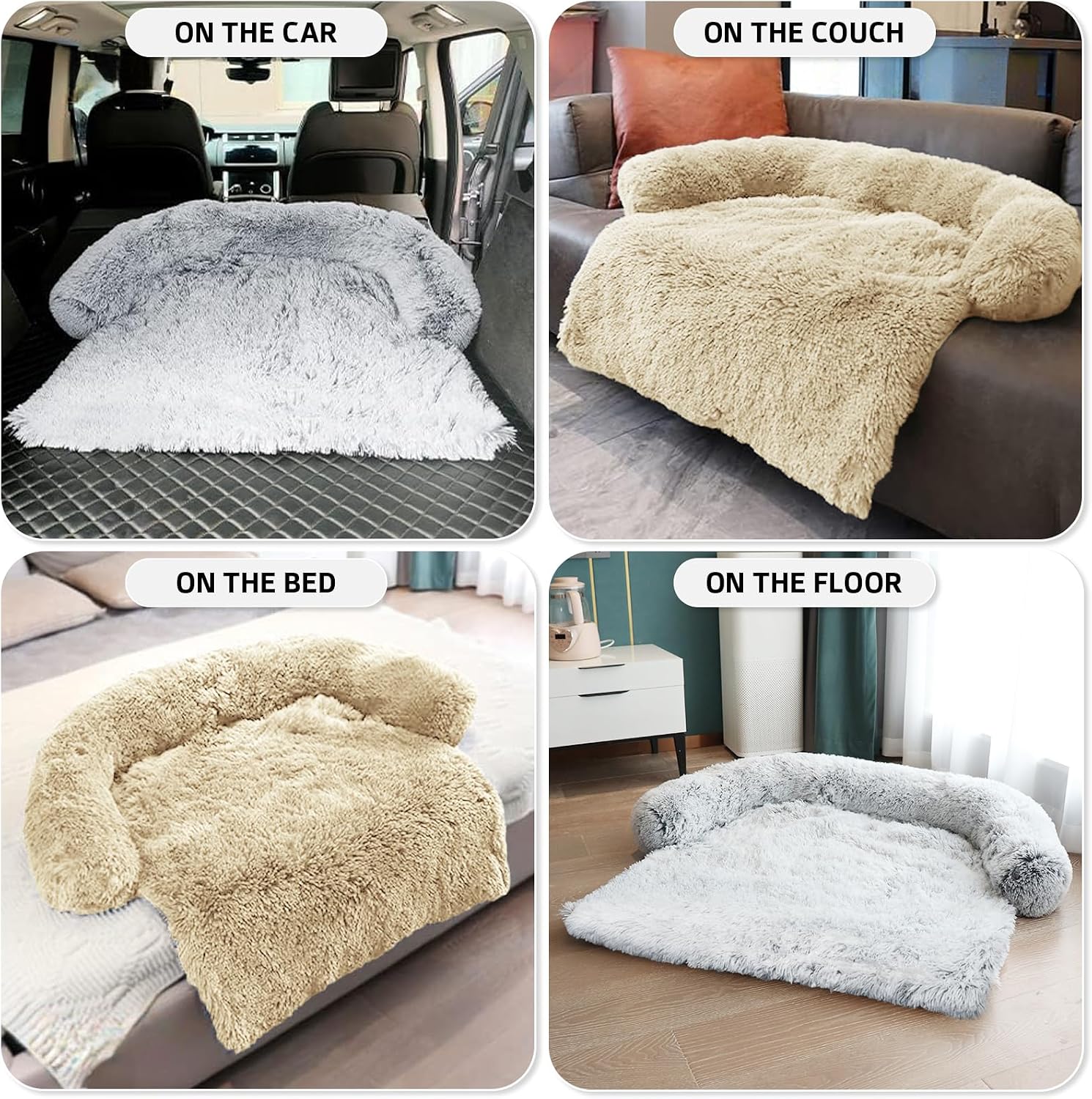 Calming dog bed fluffy plush dog mat for furniture protector with removable washable cover for large medium small dogs and cats (large, beige) - view 6