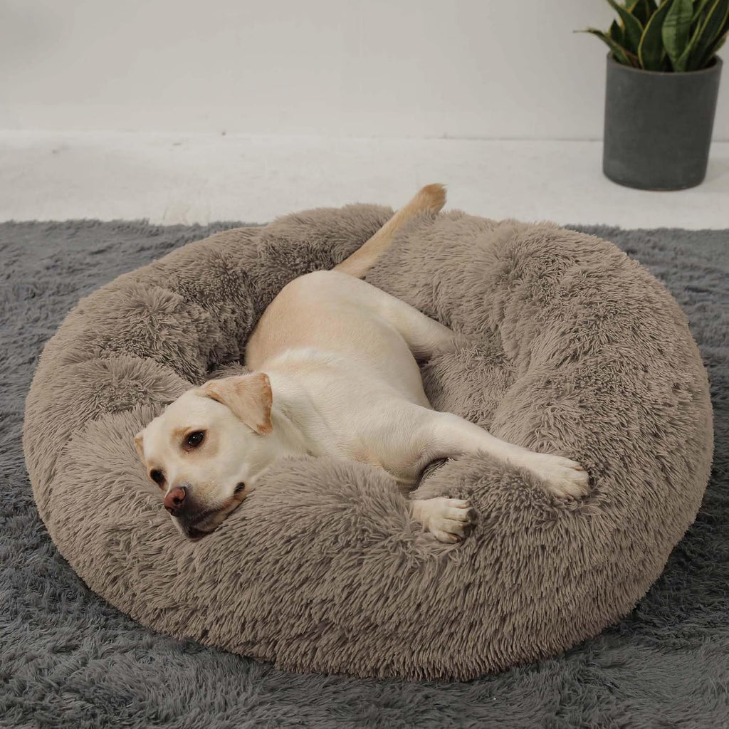 Calming Donut Cuddler Dog Bed, Round Fluffy Pet Bed with Sewn-in Cushion for Large Dogs,Washable, Large, Taupe, 30''