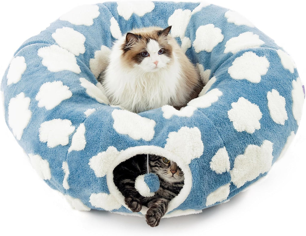 Donut cute jacquard cat tunnel bed kitten toys for puppy bunny | 33.5x33.5x10in, round cat bed tube for indoor cats rabbit dog, pet peekaboo cave toy, spiral hideaway, washable cushion, blue