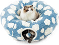 Donut cute jacquard cat tunnel bed kitten toys for puppy bunny | 33.5x33.5x10in, round cat bed tube for indoor cats rabbit dog, pet peekaboo cave toy, spiral hideaway, washable cushion, blue