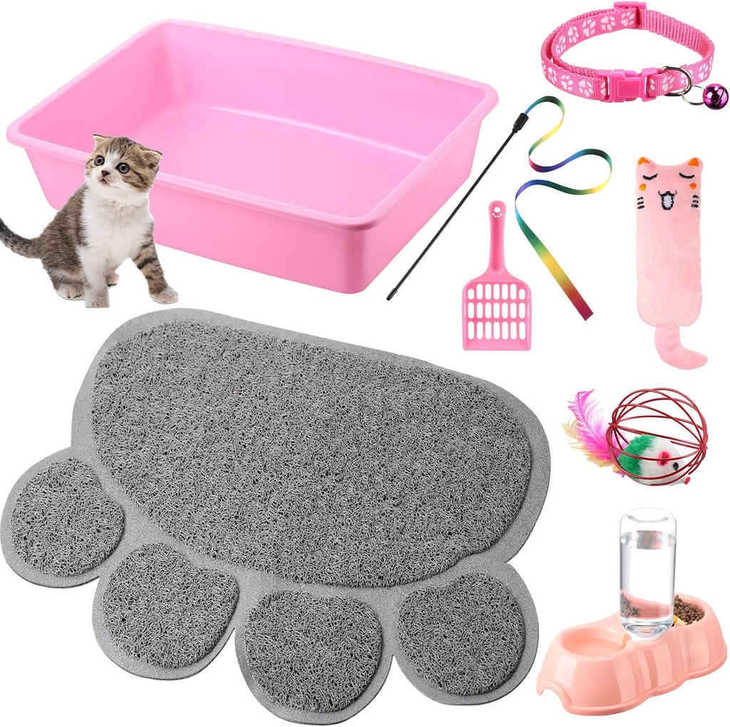 7 pcs small cat kitten starter kit - litter box, paw mat, double bowls, toy teaser stick, collar - essentials kit for 1-3 lbs beginner (pink)