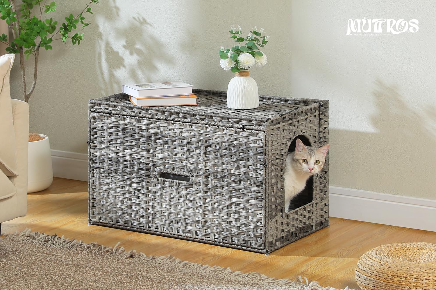 Rattan Cat Litter Box Enclosure, XL, Gray | Handwoven wicker; Hidden litter box furniture; Raised-edge mat; Tall doorway; Odor control; Designed for large cats - view 2