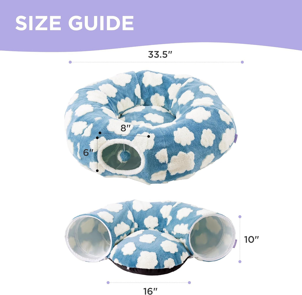 Donut cute jacquard cat tunnel bed kitten toys for puppy bunny | 33.5x33.5x10in, round cat bed tube for indoor cats rabbit dog, pet peekaboo cave toy, spiral hideaway, washable cushion, blue - view 5