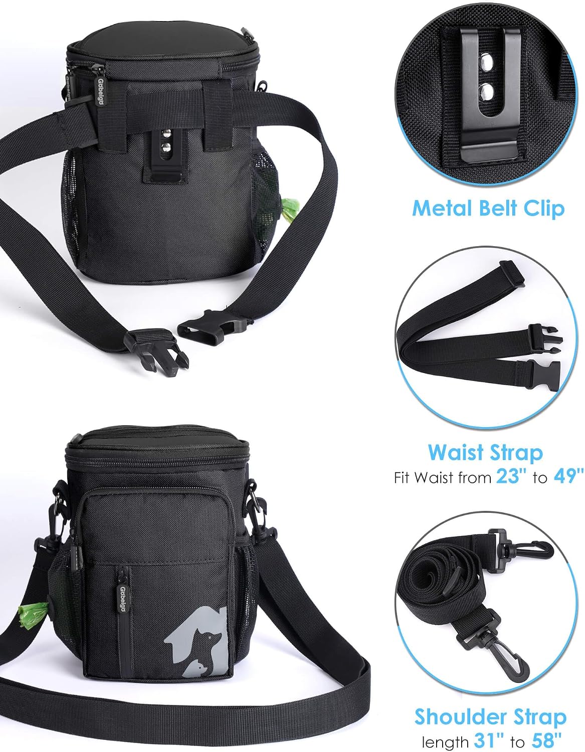 8 Cup Dog Treat Pouch with Training Clicker(Full Black) | 3 Ways to Wear/ Built-in Poop Bag Dispenser/ Zipper Front Pocket Phone Friendly Treat Bag for Pet Training & Walking - view 6