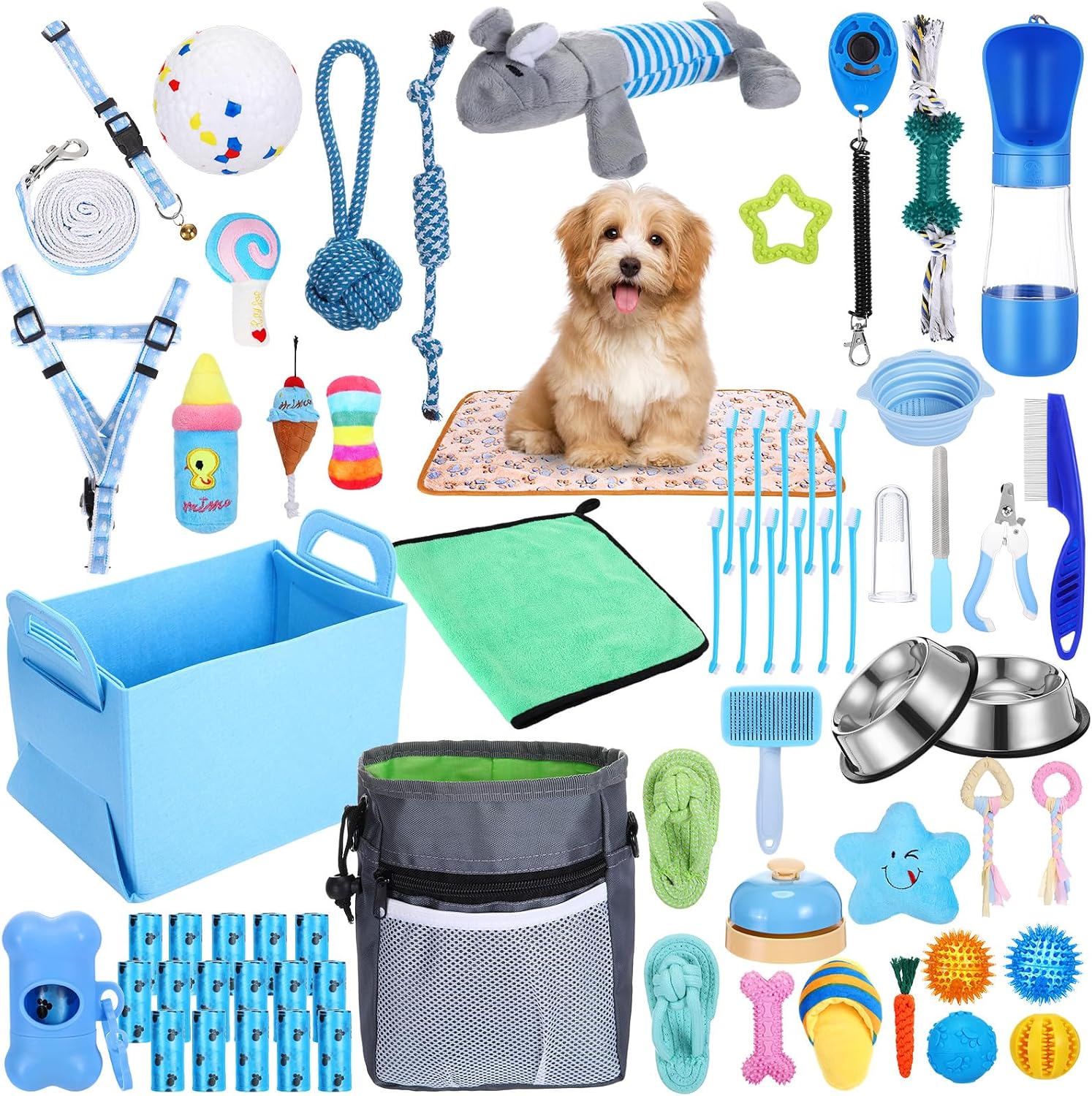 65 pcs puppy supplies starter kit small dog essentials includes dog leash, toys, bowl, brushes, water bottles, pet blankets puppy accessories for new welcome gift supplies (cool, blue) - view 7