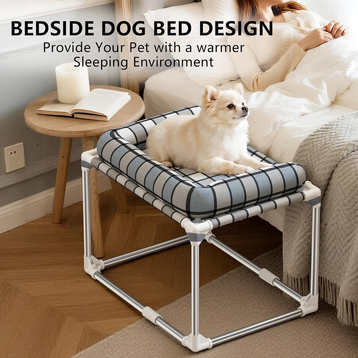 Bedside Cosleeper Dog Bed with Bloster, Height Elevated Pillow Bed Dog | Extension Attached to Human Bed for Dog Cat, Window Perch Bedside Lounge Elevated, Stainless Steel, Anti-Slip Feet - view 3