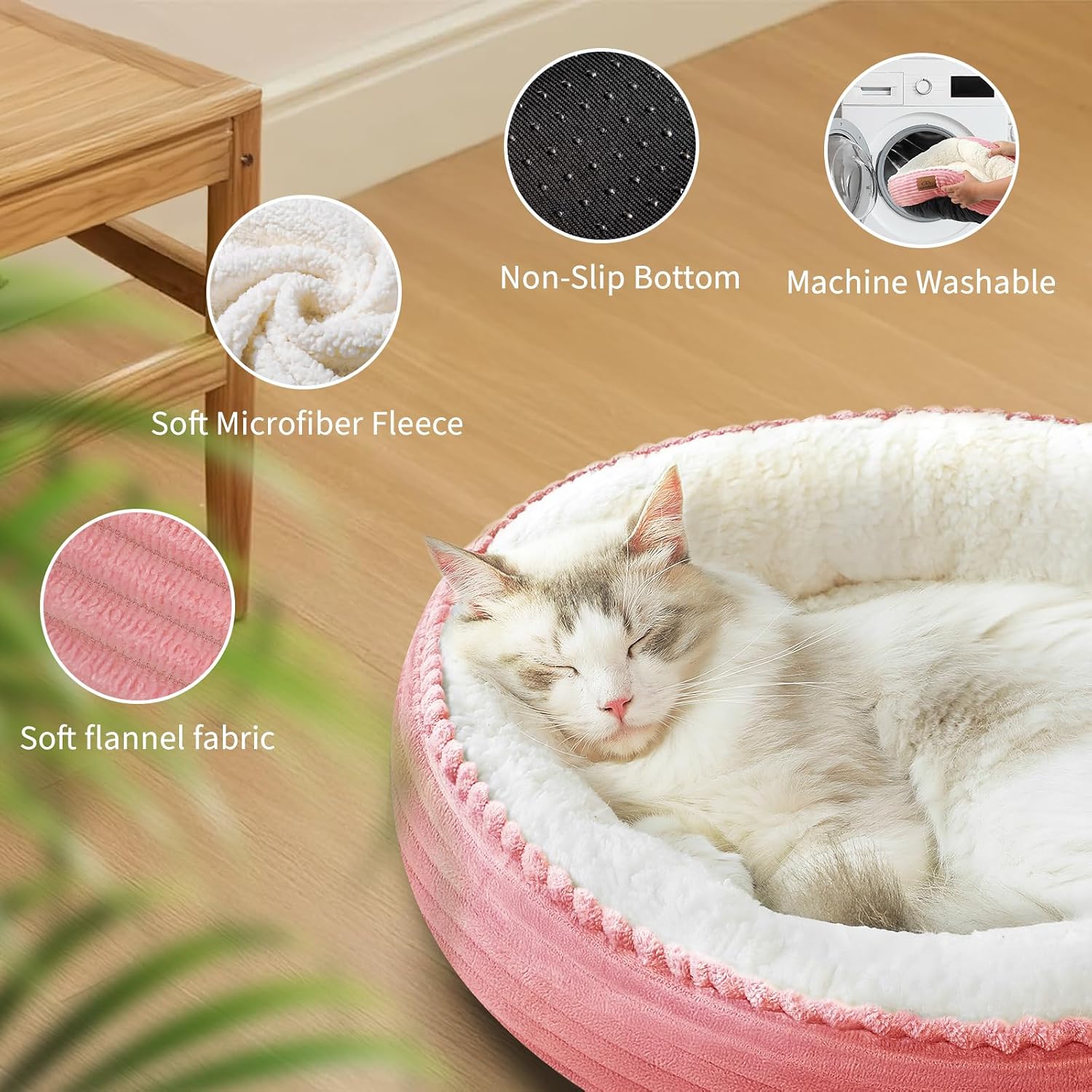 20in Washable Cat Beds for Indoor Cats - Round Donut Pet Bed for Cats, Small Dogs, Puppy, Kitten - Anti-Slip Bottom, Calming Bed Gift - Pink - view 5