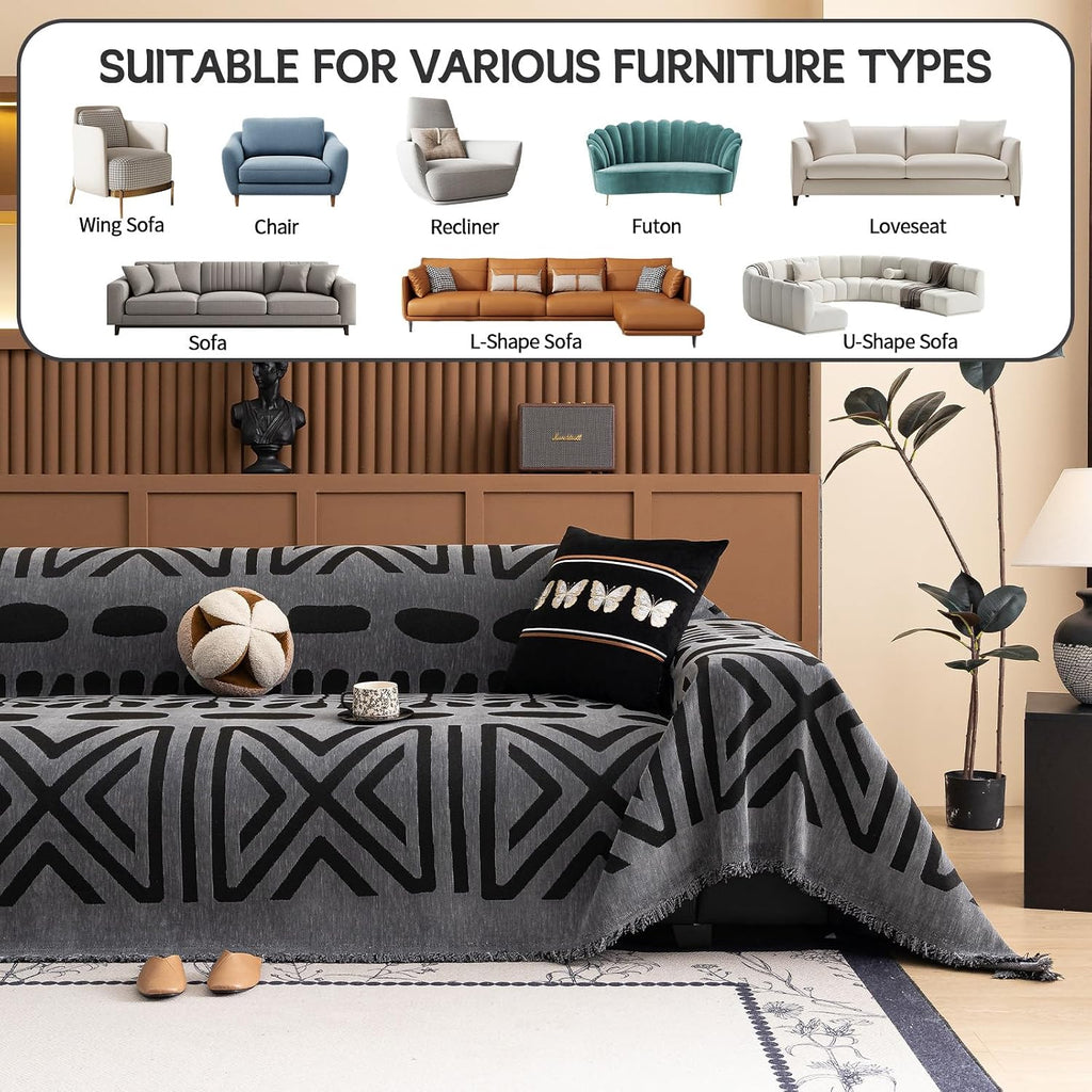 Boho Couch Cover Blanket Geometric Striped Pet Covers for Couches and Sofas Dark Grey and Black Dog Cover for Couch Pet Friendly Chenille Sectional Sofa Covers for Pets Washable, 71" X150" - view 8