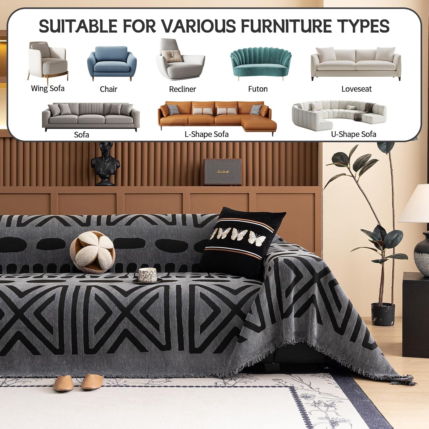 Boho Couch Cover Blanket Geometric Striped Pet Covers for Couches and Sofas Dark Grey and Black Dog Cover for Couch Pet Friendly Chenille Sectional Sofa Covers for Pets Washable, 71" X150" - view 8