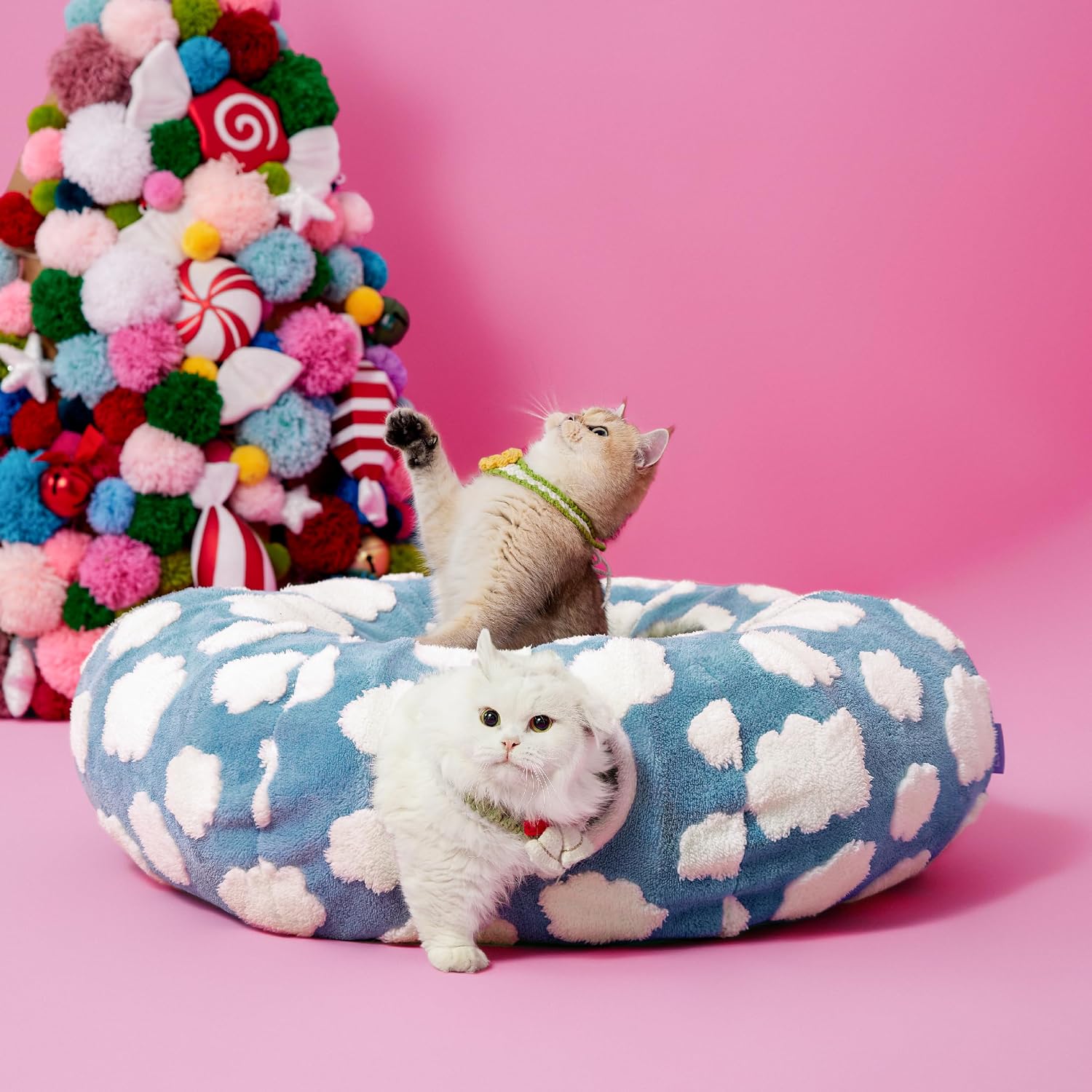 Donut cute jacquard cat tunnel bed kitten toys for puppy bunny | 33.5x33.5x10in, round cat bed tube for indoor cats rabbit dog, pet peekaboo cave toy, spiral hideaway, washable cushion, blue - view 7