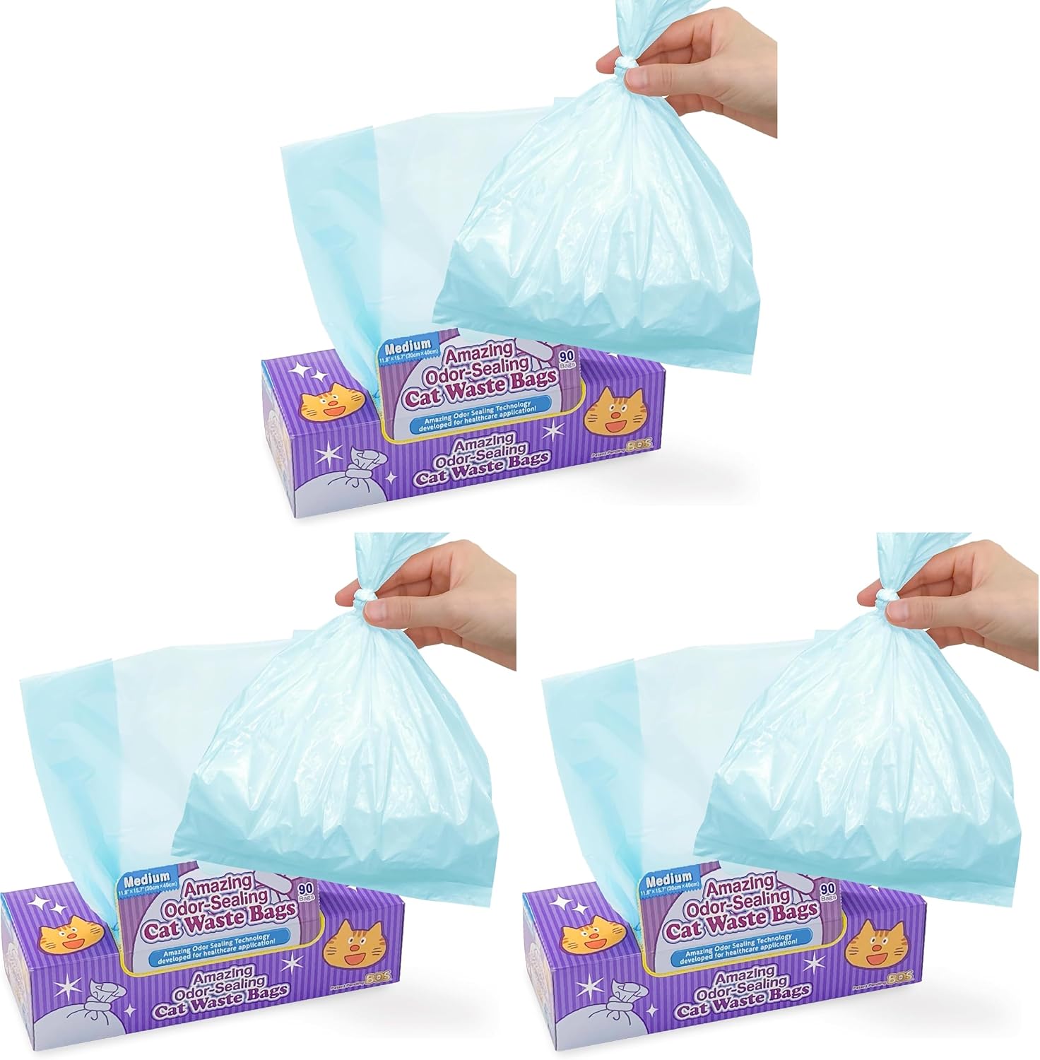 Amazing Odor Sealing Cat Waste Disposal Bags - Durable and Unscented [Size: M, Color: Light blue] (90 count, Pack of 3) (90 Bags)