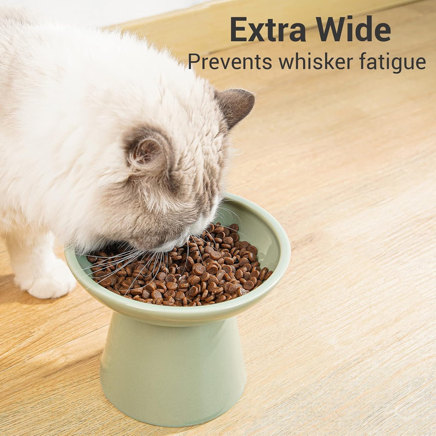 Extra Wide Elevated Ceramic 6.2" Shallow Cat Food Bowl | Cat Dish for Whisker Fatigue Relief, 5" Height for Easy Feeding, Lead & Cadmium Free, Durable Raised Cat Bowl, Sage Green - view 3