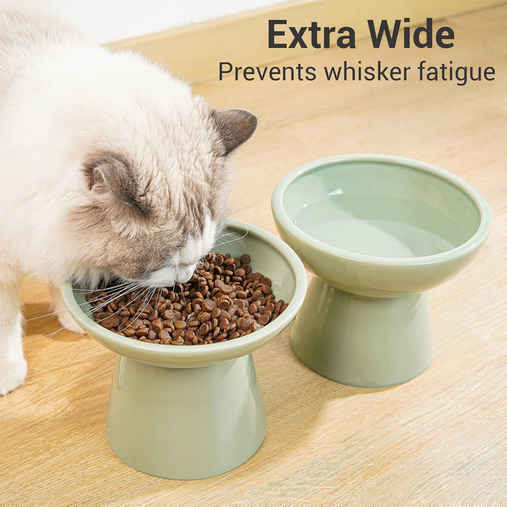 2-Pack Elevated Ceramic Cat Bowls Extra Wide for Food & Water | Anti Vomiting, Whisker Friendly, Shallow Food Dish and Deep Water Bowl, Lead&Cadmium-Free, Raised Height for Cats, Sage Green - view 5