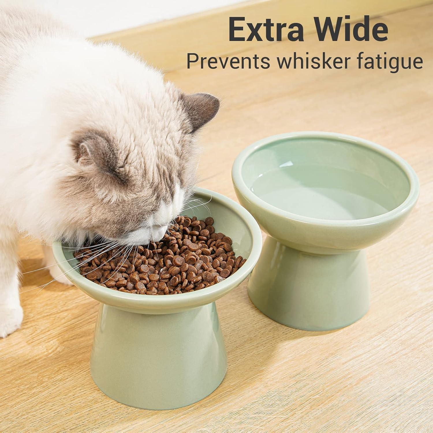 2-Pack Elevated Ceramic Cat Bowls Extra Wide for Food & Water | Anti Vomiting, Whisker Friendly, Shallow Food Dish and Deep Water Bowl, Lead&Cadmium-Free, Raised Height for Cats, Sage Green - view 5